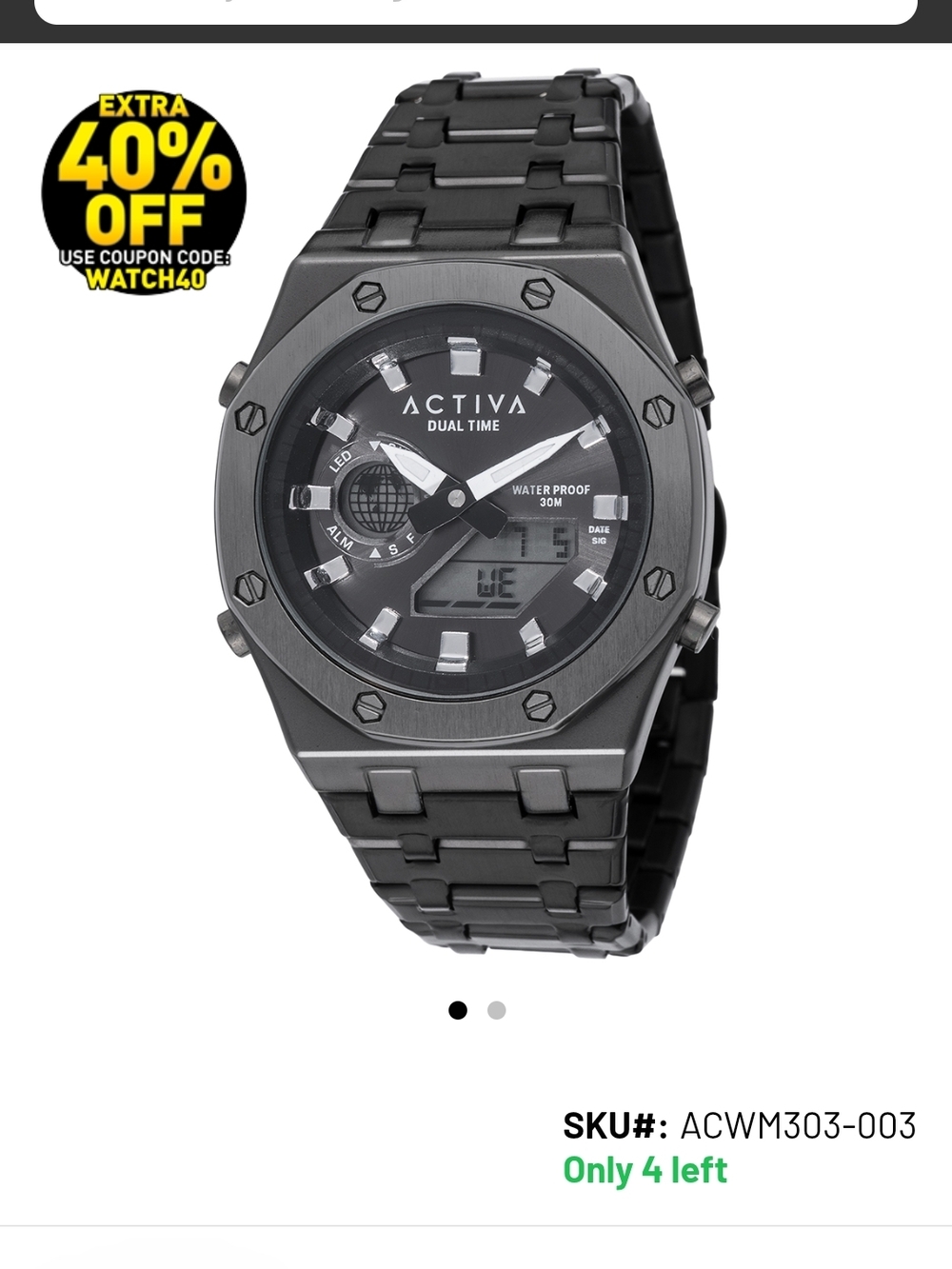 Activa Black Stainless Steel Men's Watch - Picture 5 of 6